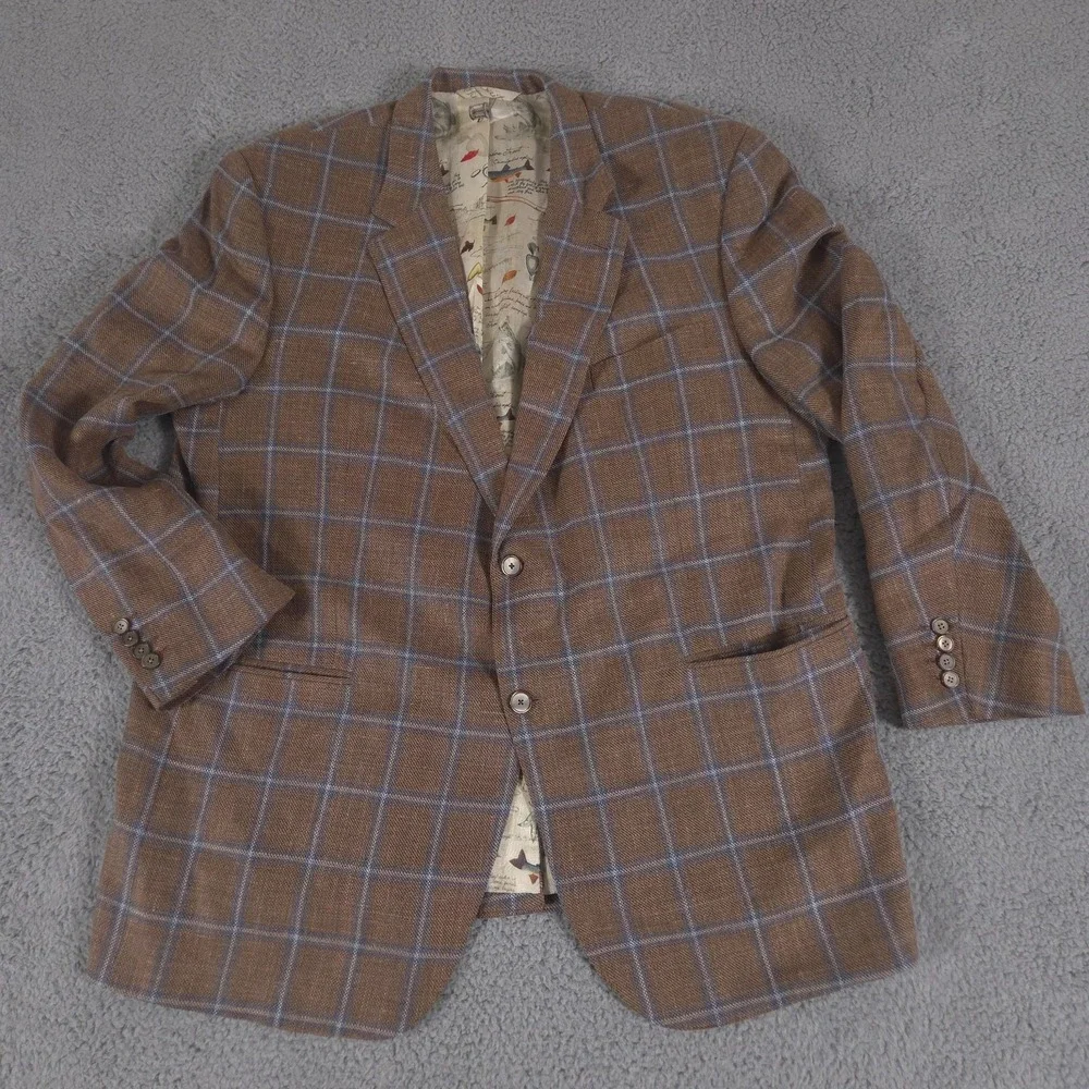 Loro Piana Blazer Mens 50R Top Shelf Favola Windowpane BeSpoke Fishing AOP Liner